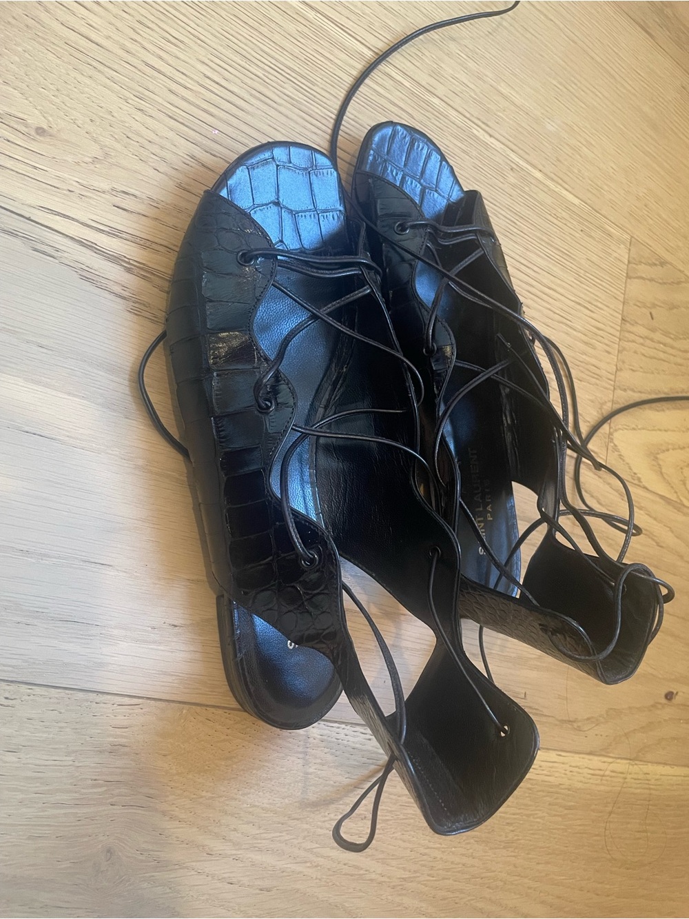 Saint Laurent Black Croc-Embossed Lace-Up Open-Toe Sandals - Picture 2 of 4